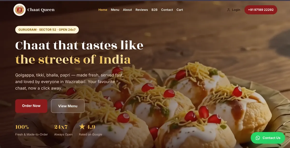The Chaat Queen website homepage built by Konvex Growth, with Order Now and View Menu buttons
