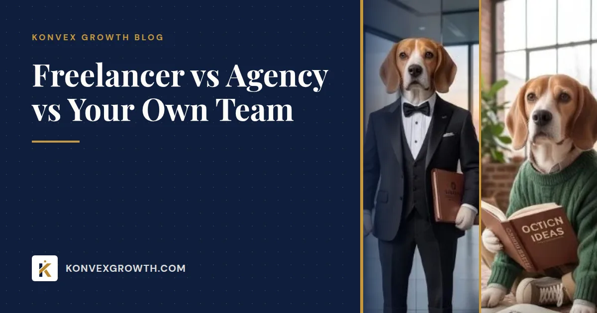 Jacky, the Konvex Growth beagle mascot, split between a tuxedo in an office and a sweater reading at home
